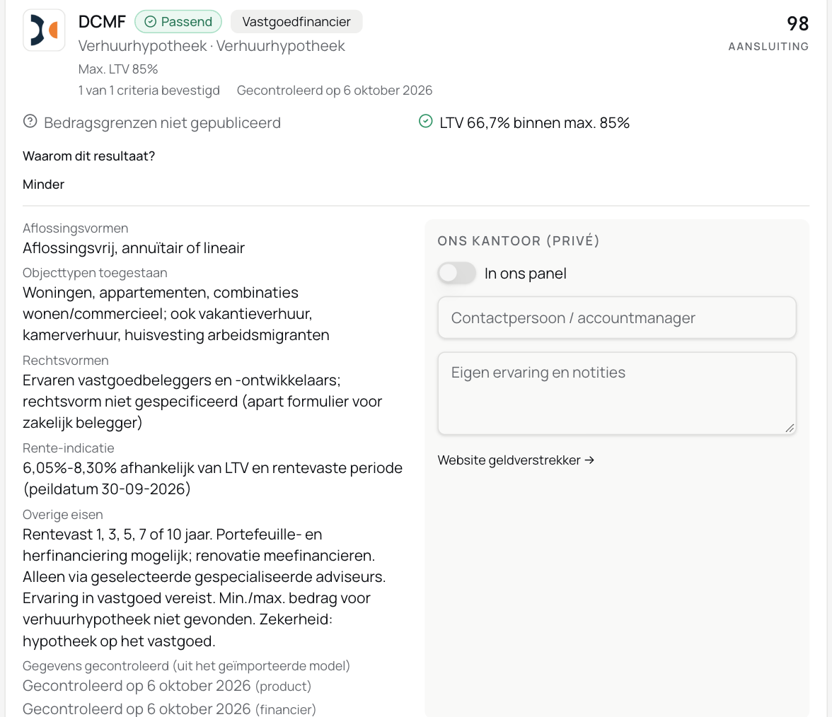 Productdetails met daarnaast het eigen kantoorpanel voor contactpersoon en notities