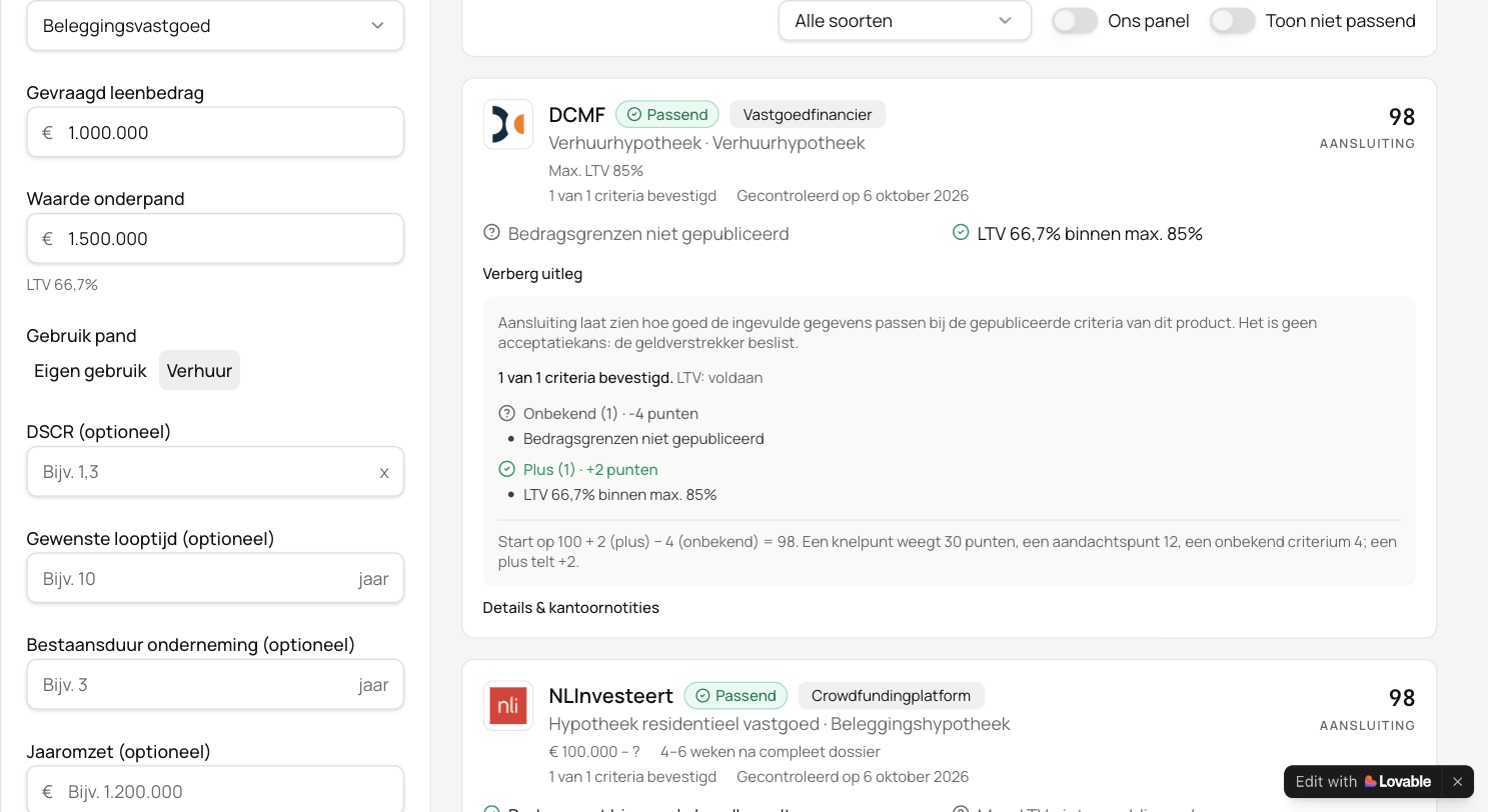 Uitleg bij de aansluiting: bevestigde criteria, onbekende punten en de opbouw van de score