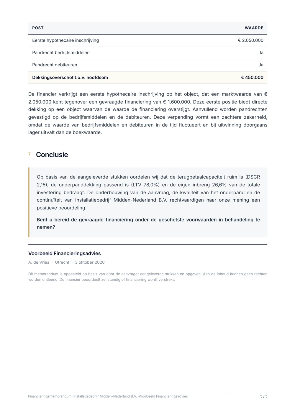 Pagina 5 van het voorbeeldmemorandum: Zekerheden. Conclusie.
